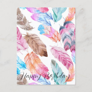 Postal Colorido Feliz Aniversário Cartão de Boho Penas