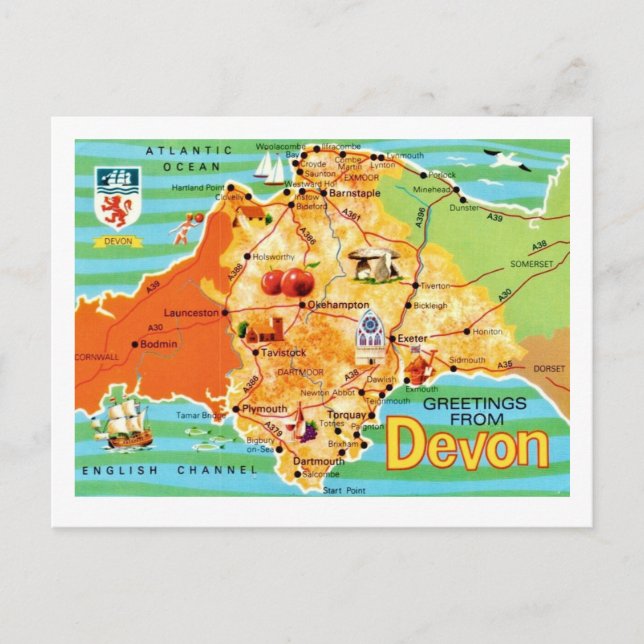 Postal Colorido Mapa Antigo de Devon Inglaterra Cartão Po (Frente)