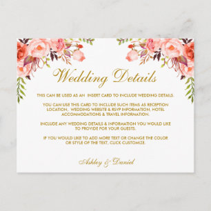 Postal Coral Floral Detalhes do Casamento Dourado Cartão 