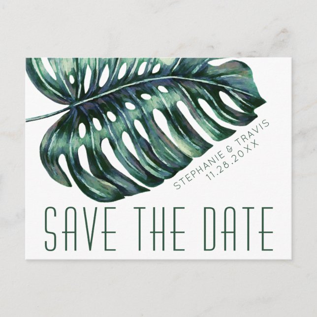 Postal De Anúncio Mod Tropics Monstera Leaf Salve a Data Cartão Post (Frente)