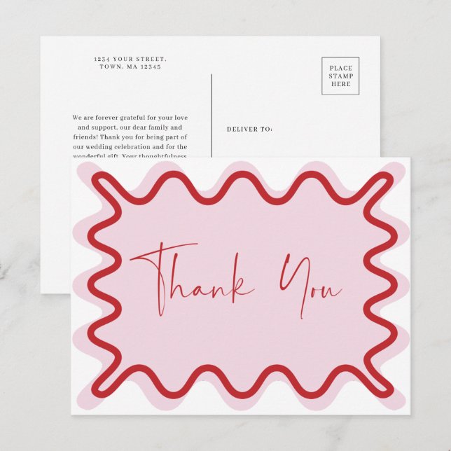 Postal De Convite Borda ondulada rosa vermelha Obrigado cartão posta (Frente/Verso)
