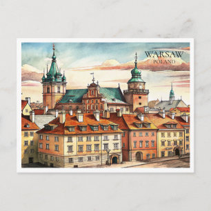 Postal De Festividades Aquarela Varsóvia Polônia Paisagem Urbana Cartão P