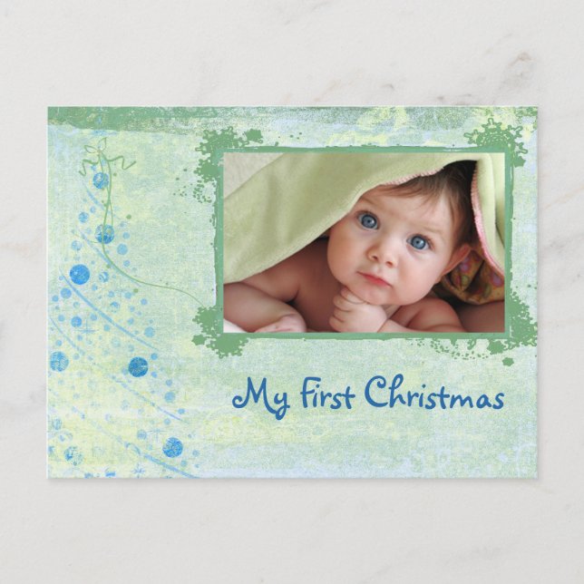 Postal De Festividades Cartão da foto do Natal da árvore azul e verde (Frente)