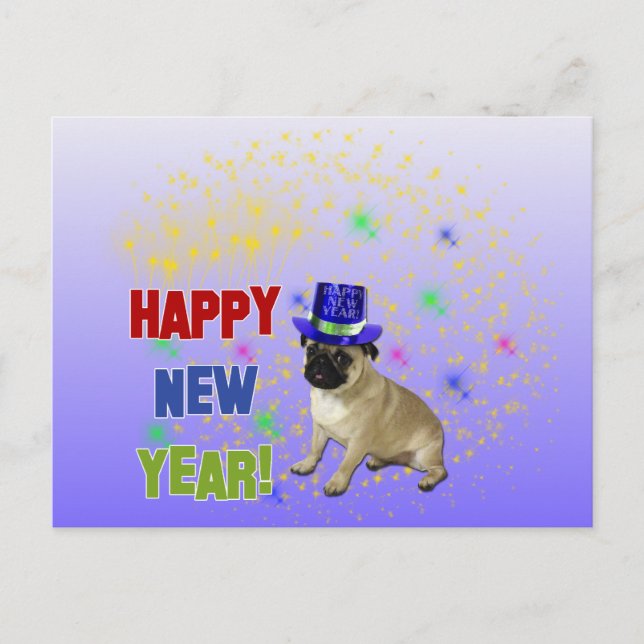 Postal De Festividades Cartão do Pug do feliz ano novo (Frente)