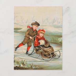 Postal De Festividades Cartão Sledding do inverno do vintage