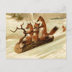 Postal De Festividades Cartão Sledding do natal vintage das raposas