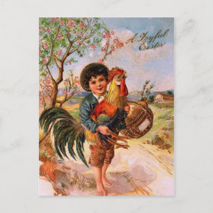 Postal De Festividades Galo antigo do menino da páscoa do cartão lindo