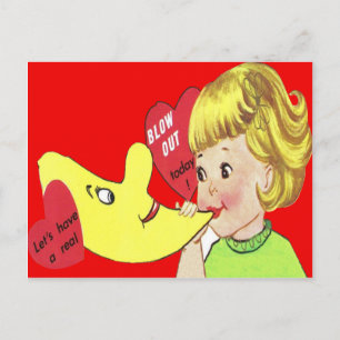 Postal De Festividades Menina Retro Antiga Sopra Balão Cartão do Dia dos