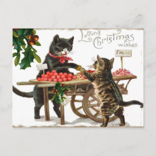 Postal De Festividades O Natal Loving do gato do vintage deseja o cartão