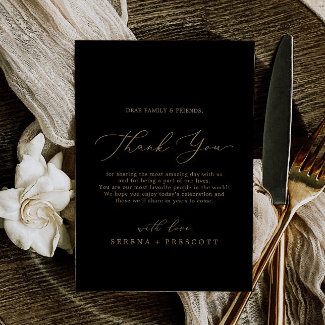 Postal Delicar cartão de recepção Dourado e preto (Delicate Gold and Black Thank You Reception Card)