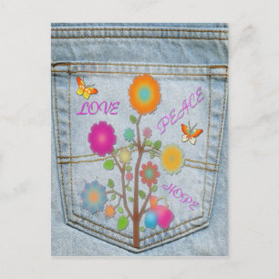Postal Denim Back Pocket Flor Peace Love Hope Cartão de P