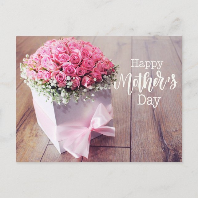 Postal Dia das Mães com cartão de rosas cor-de-rosa (Frente)