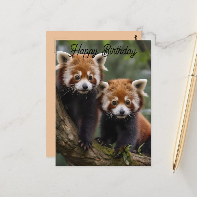 Postal Dois Pandas Vermelhos Bebês, Cartão de Aniversário (Frente/Verso In Situ)