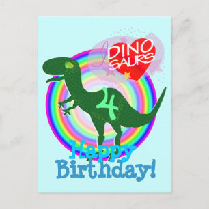 Postal Feliz aniversario 4 anos de cartão de T-Rex Dino