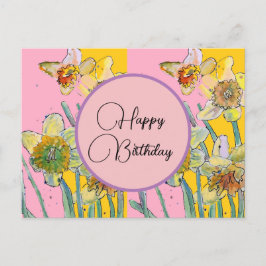 Postal Feliz Aniversário Daffodil floral Rosa Cartão Post