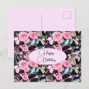 Postal Feliz Aniversário Rosa floral Rosa Preto Cartão Po