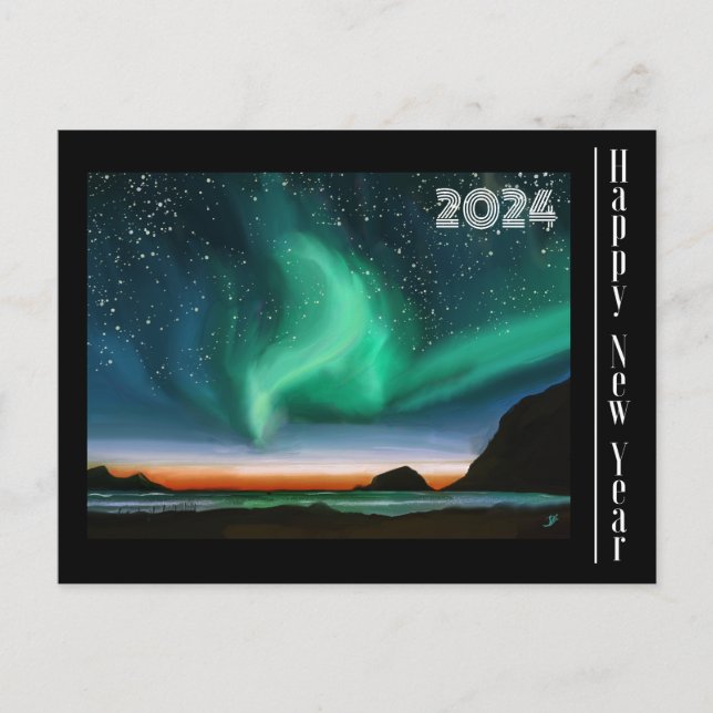 Postal Feliz Ano Novo - Cartão Aurora Borealis (Frente)