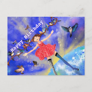 Postal Feliz Garota com Cartão de Aniversário