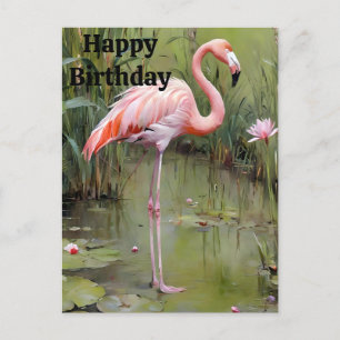 Postal Flamingo Rosa Pintado Em Lagoa, Cartão de Aniversá