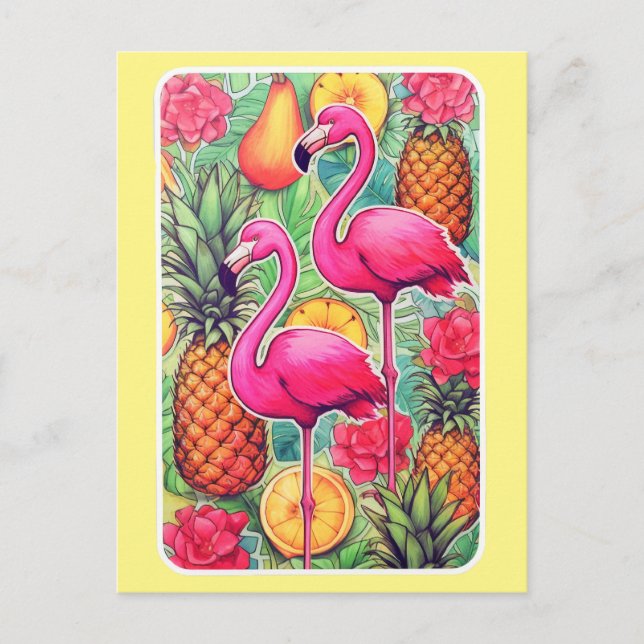 Postal Flamingos e ananás - Cartão tropical de Verão (Frente)