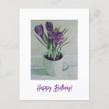 Flores roxas num cartão de aniversário de pintura 
