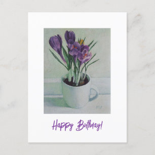 Postal Flores roxas num cartão de aniversário de pintura