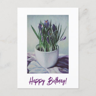 Postal Flores roxas num cartão de aniversário de pintura