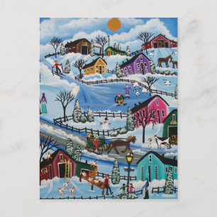 Postal FOLK ART Primeiro Dia de Neve LORI EVERETT cartão