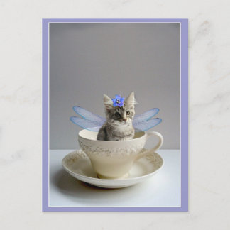 Postal Gatinho bonito no cartão do copo de chá