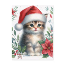 Gatinho Fofo Com Chapéu de Papai Noel Cartão Posta