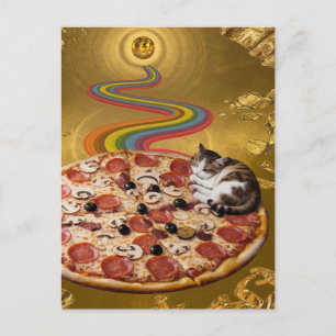 Postal Gato Surrealista em um Cartão de Pizza
