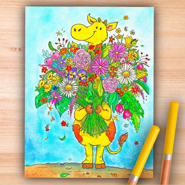 Postal Girafa de desenho animado fofa Flores Cartão posta (Criador carregado)