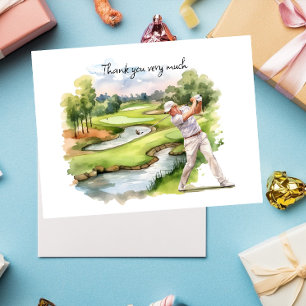 Postal Golfista em cartão de agradecimento aquarela de ca