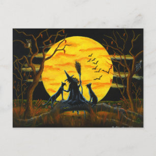 Postal Halloween, cartão postal, bruxa, preta, gatos, mor