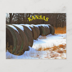 Postal Kansas Hay Bales com neve em um cartão de Posto de