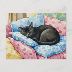 Postal Lindos Travesseiros de Gato Preto Dormindo Cartão 