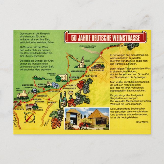Postal Mapa da Trilha de Vinho da Alemanha - Cartão Posta (Frente)