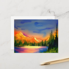 Postal Montanhas Luz Dourada Cenário Aquarela Cartão Pos