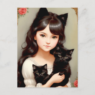 Postal Mulher Gato Branca - Pintura Vintage. Cartão Posta
