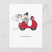 Noiva e noiva no patinete vermelho. Cartão de casa