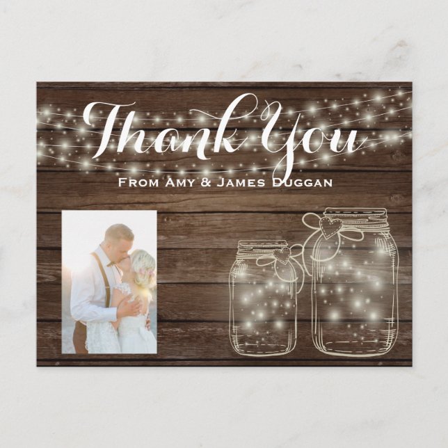 Postal Obrigado Cartão com fotos Rustic Weding Mason Jars (Frente)