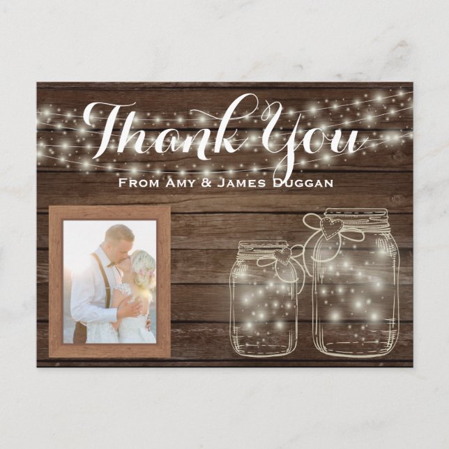 Postal Obrigado Cartão com fotos Rustic Weding Mason Jars (Frente)