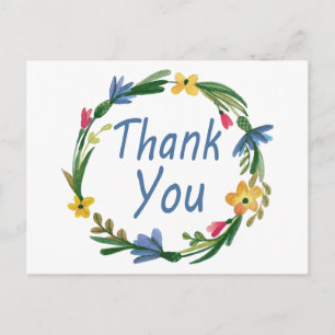 Postal Obrigado Watercolor Floral Wreath Blue Cartão