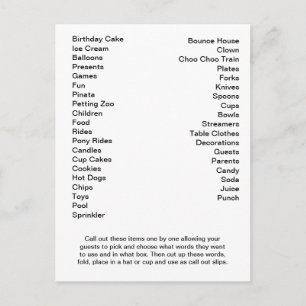 Postal Palavras De Chamada De Cartão Bingo De Chá Da Zona