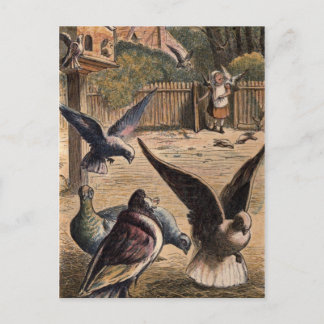 Postal Pet Pigeons saudando jovem garota no cartão de Faz