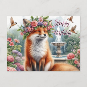 Postal Raposa Fofa com Coroa Floral Cartão de Aniversário