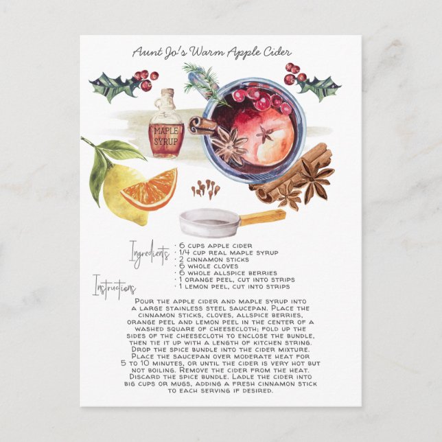 Postal Receita de Cider de Maçã em Aquarela | Cartão de N (Frente)