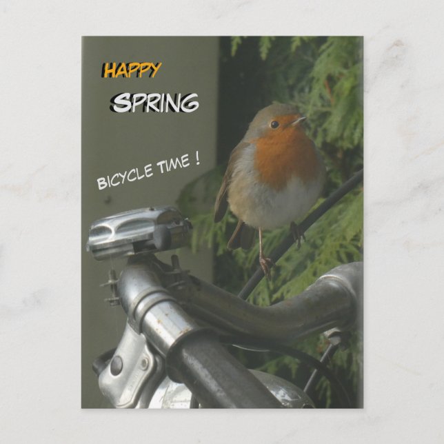 Postal Robin no Bicicleto Fechar Primavera Feliz Cartão P (Frente)