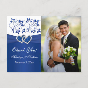 Postal Royal Blue, White Floral Obrigado Cartão com fotos
