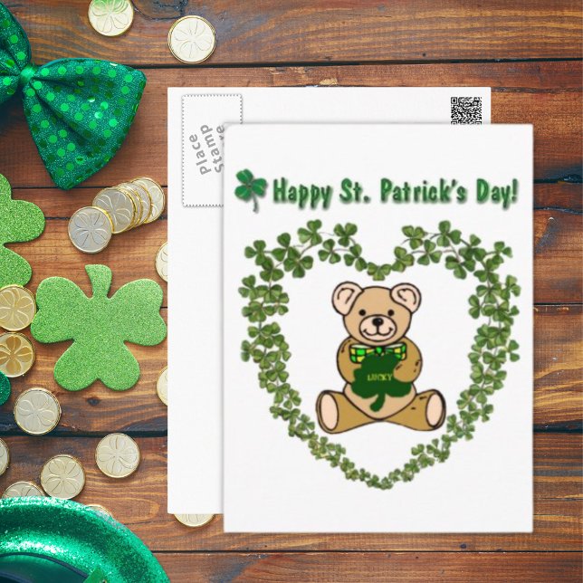 Postal Rua, o Urso de Teddy do Patrick no Cartão de Coraç (St. Patrick's Teddy Bear in Clover Heart Postcard)